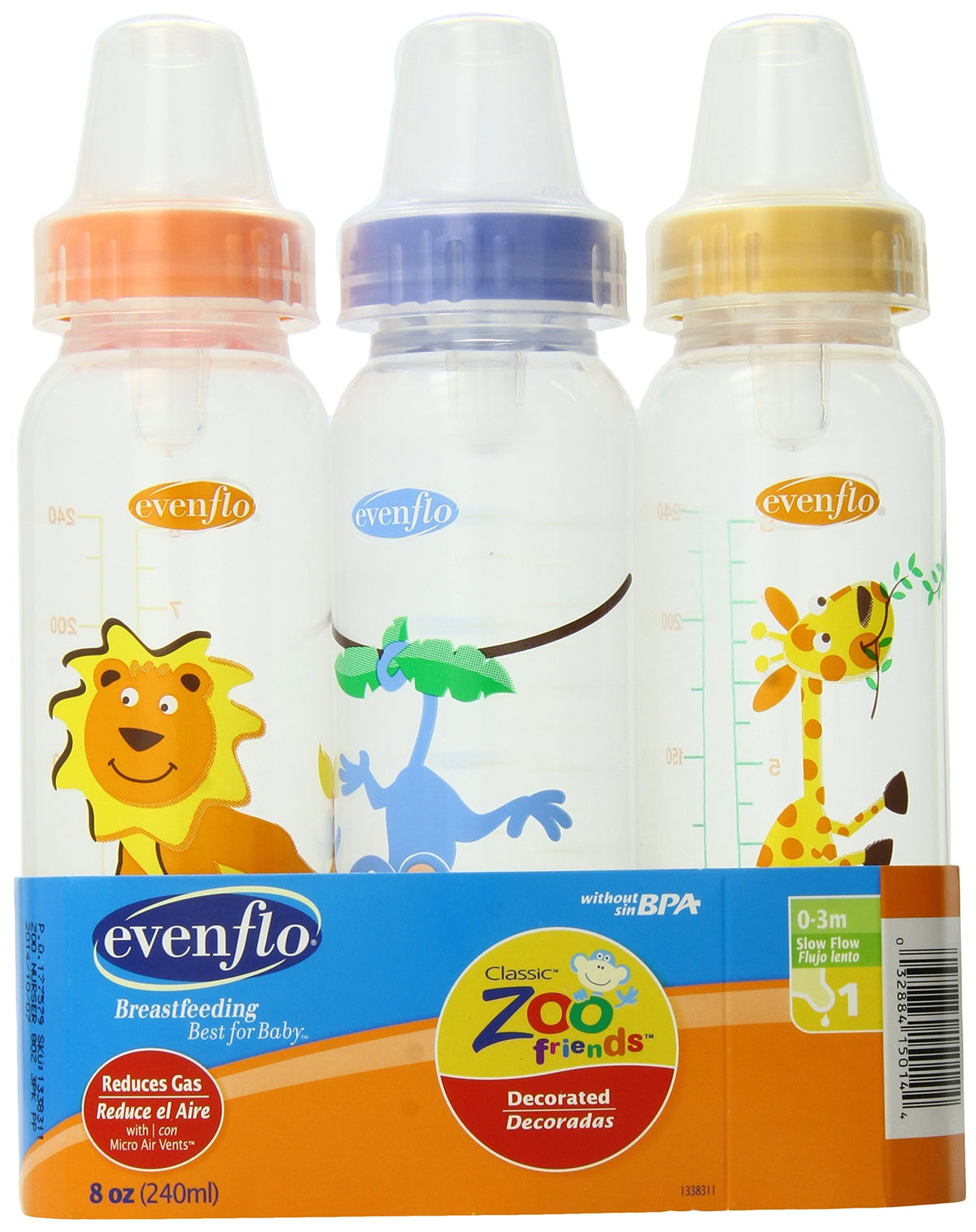 Evenflo Zoo Friends bottle full view shows durable, BPA-free design for daily feeding.