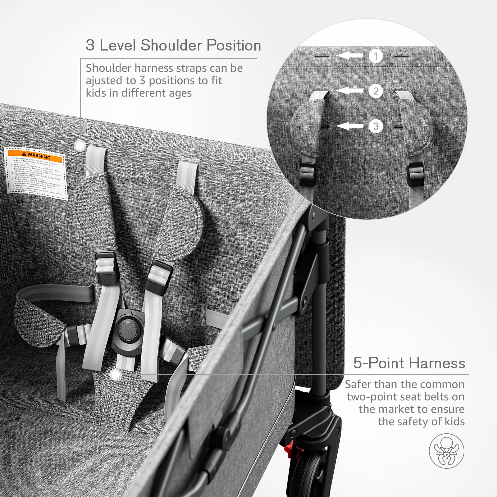 EVER ADVANCED 5-point harness keeps two kids secure and comfortable.