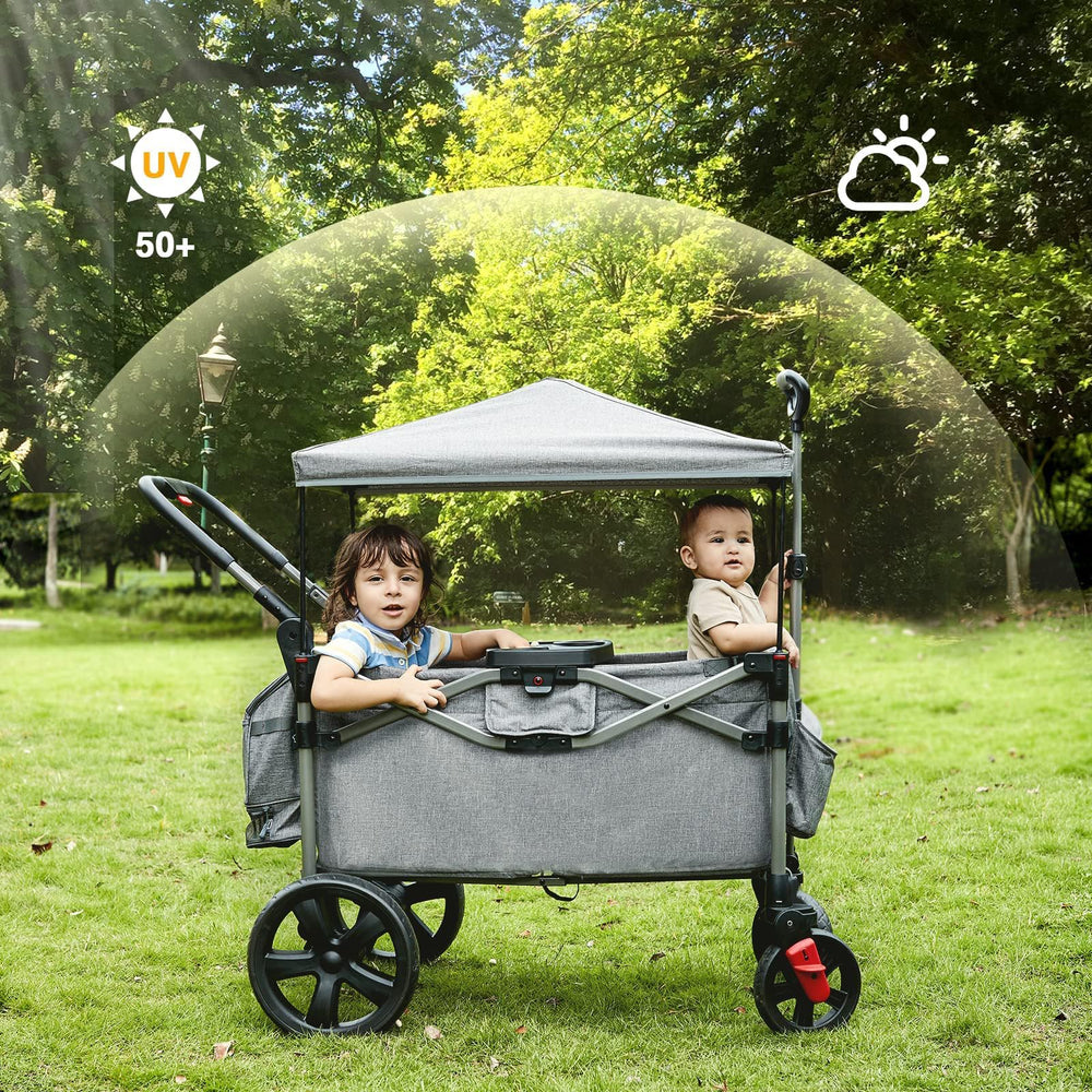 EVER ADVANCED foldable wagon shows adjustable handle bar for comfortable pushing.