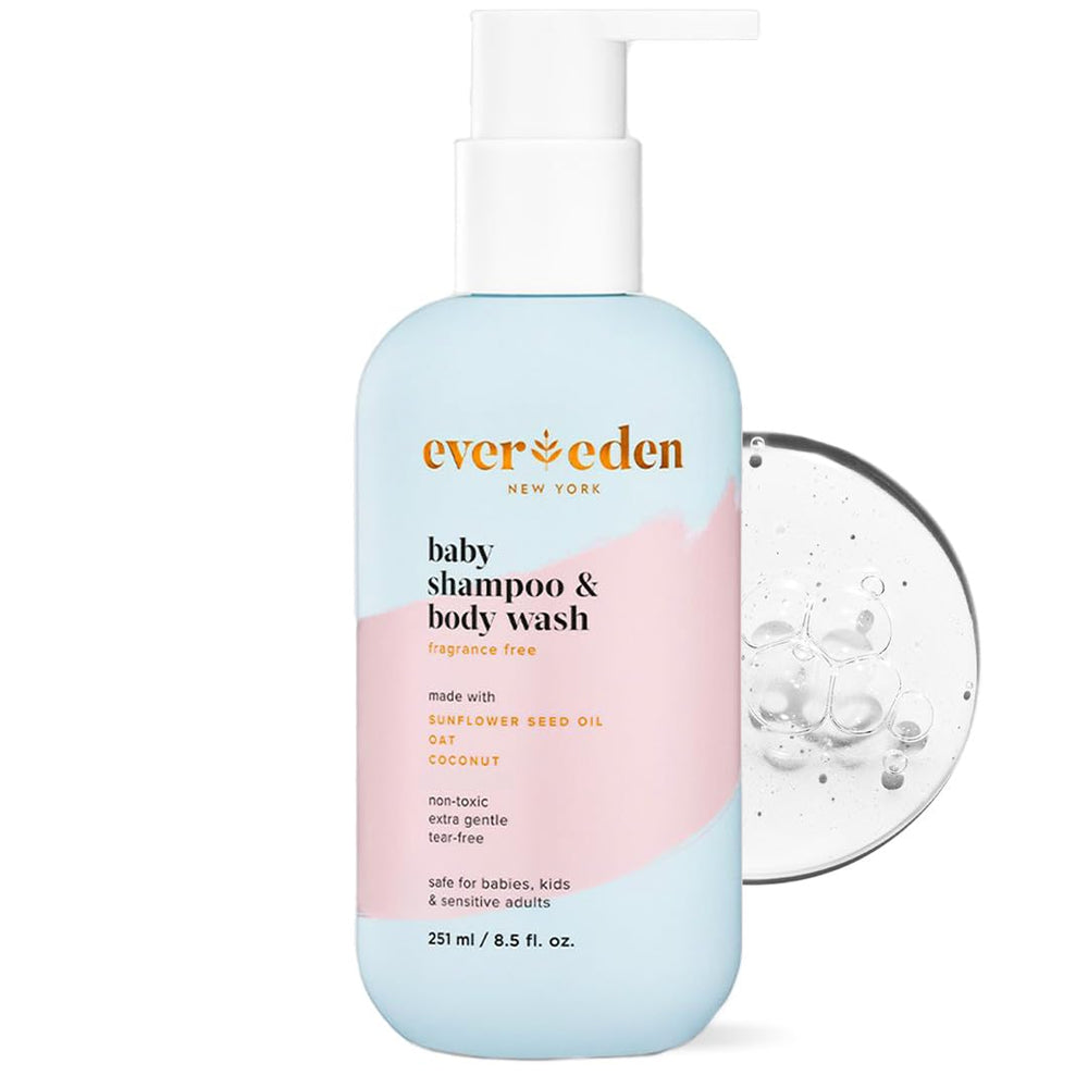Evereden Baby Shampoo & Body Wash bottle showing fragrance-free formula, gentle care for sensitive skin