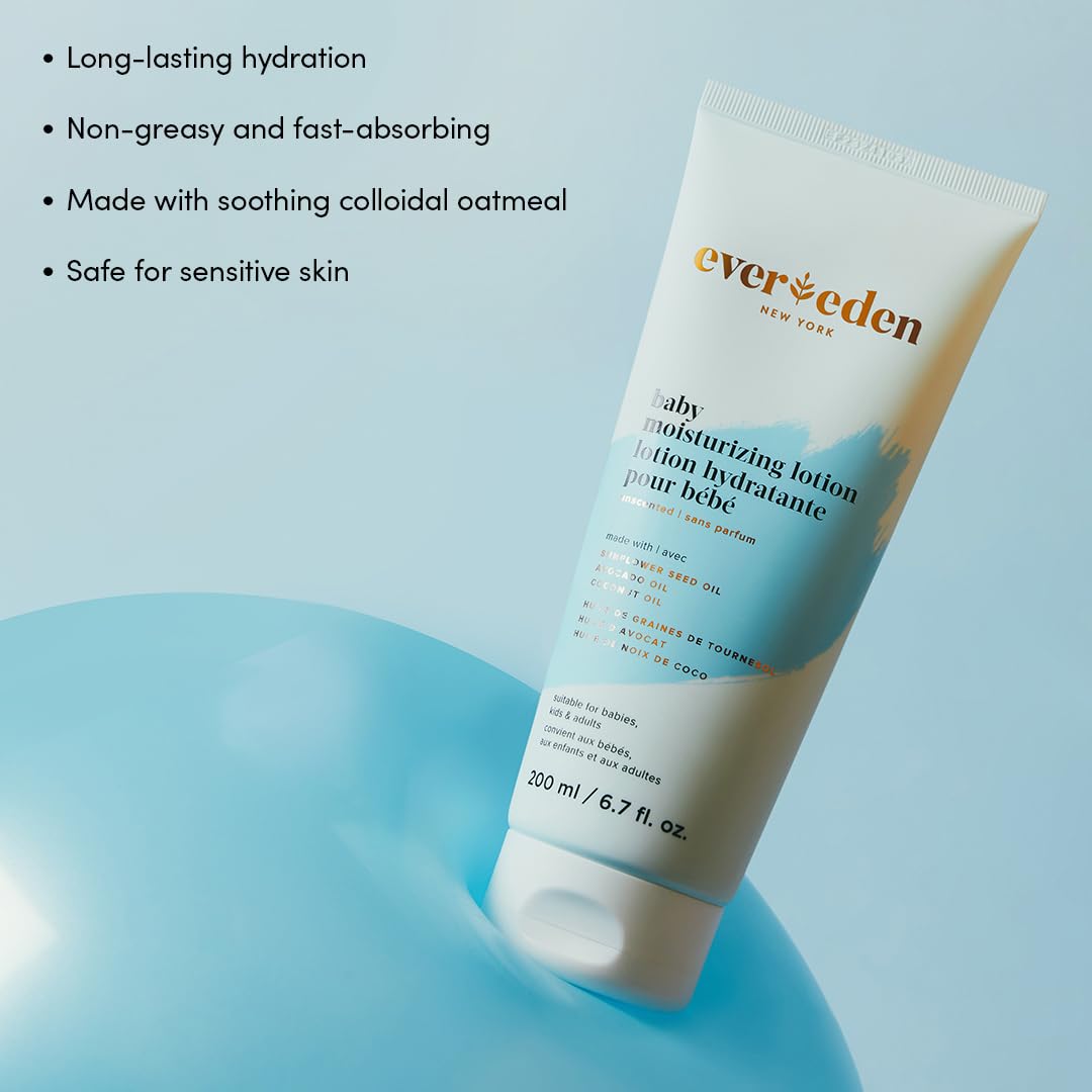 Evereden Bathtime Duo lotion tube close-up emphasizes unscented hydration for sensitive skin.
