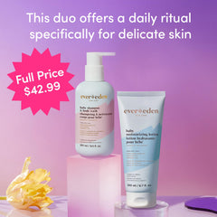 Evereden Bathtime Duo shampoo bottle close-up highlights tear-free cleansing.