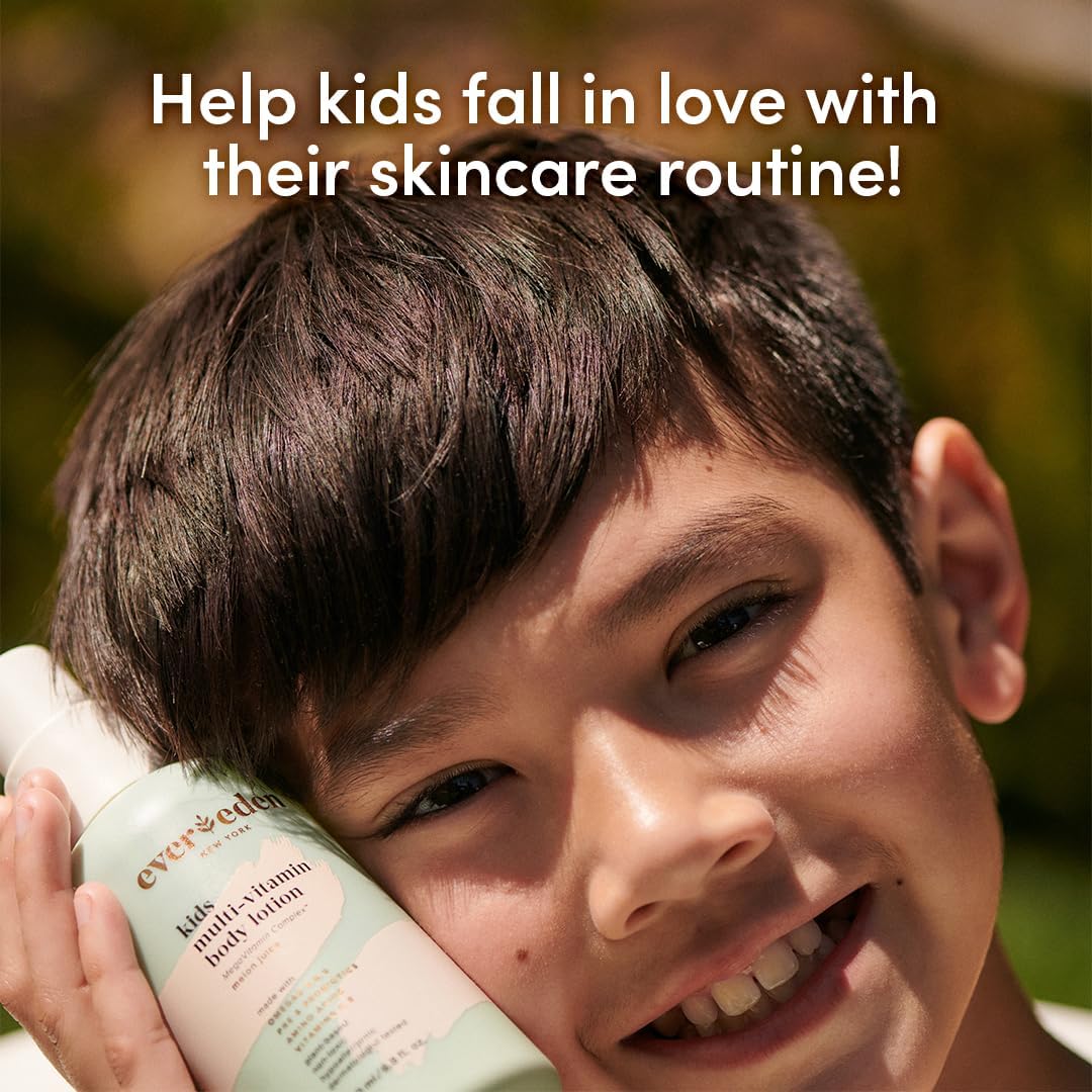 Child applying Evereden lotion during daily skincare routine.