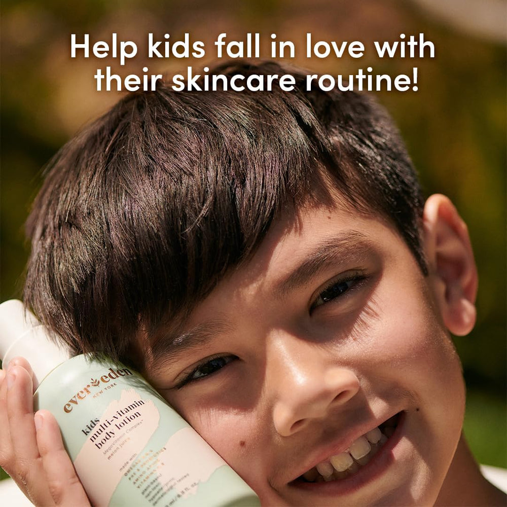 Child applying Evereden lotion during daily skincare routine.