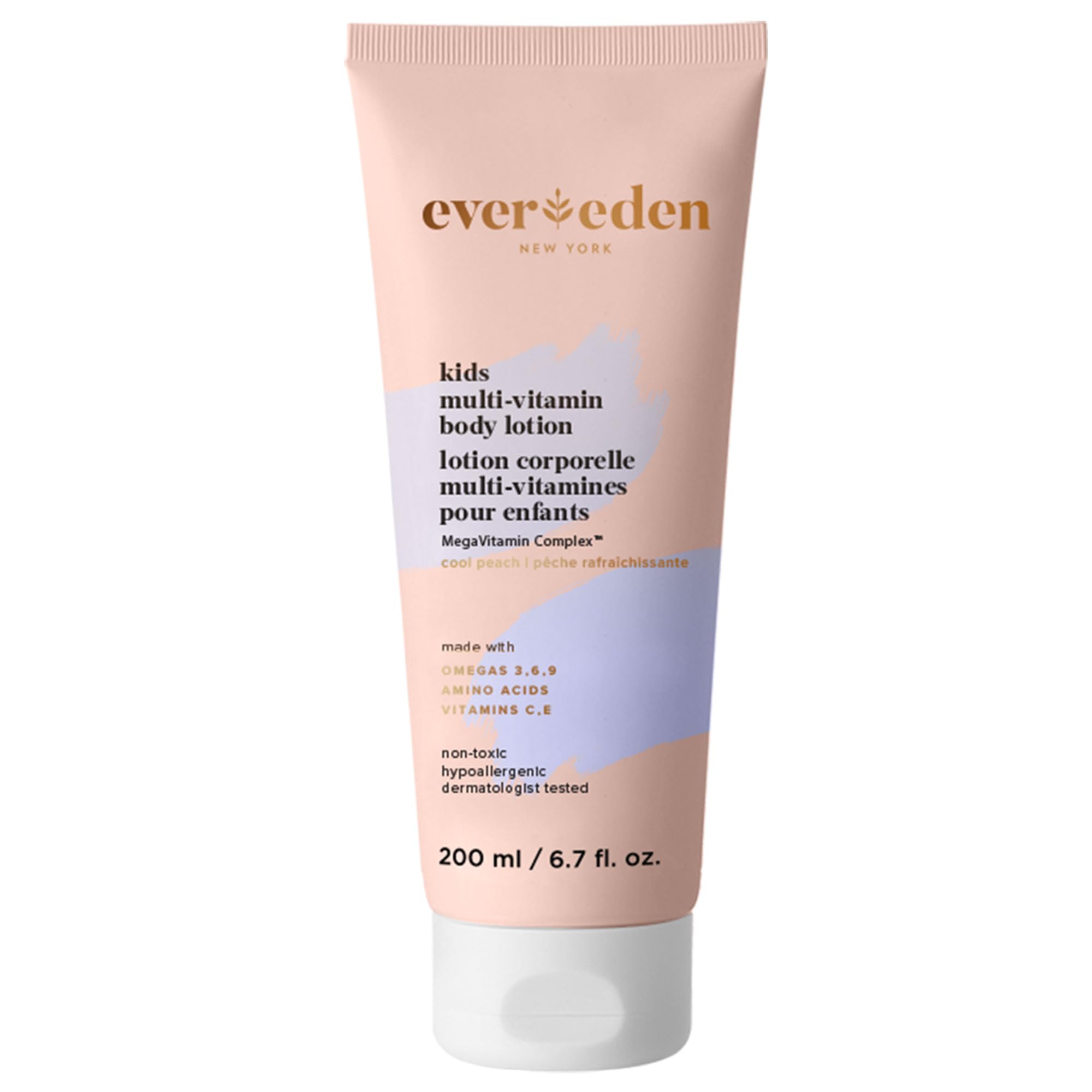 Evereden Kids Multi-Vitamin Body Lotion bottle with Cool Peach scent for gentle hydration.