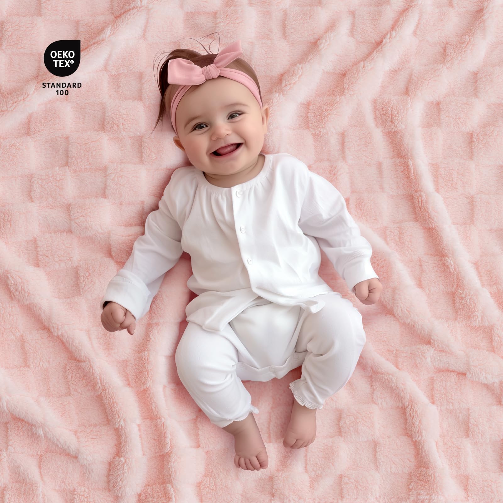EverGraceHome checkered blanket pink fabric close-up, plush sherpa feel.