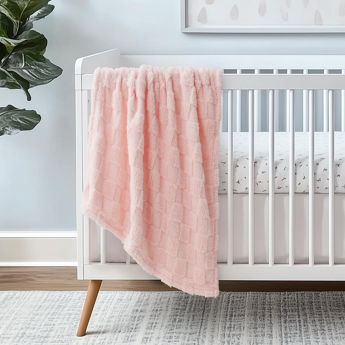 EverGraceHome checkered baby blanket pink front view, cozy nursery companion.