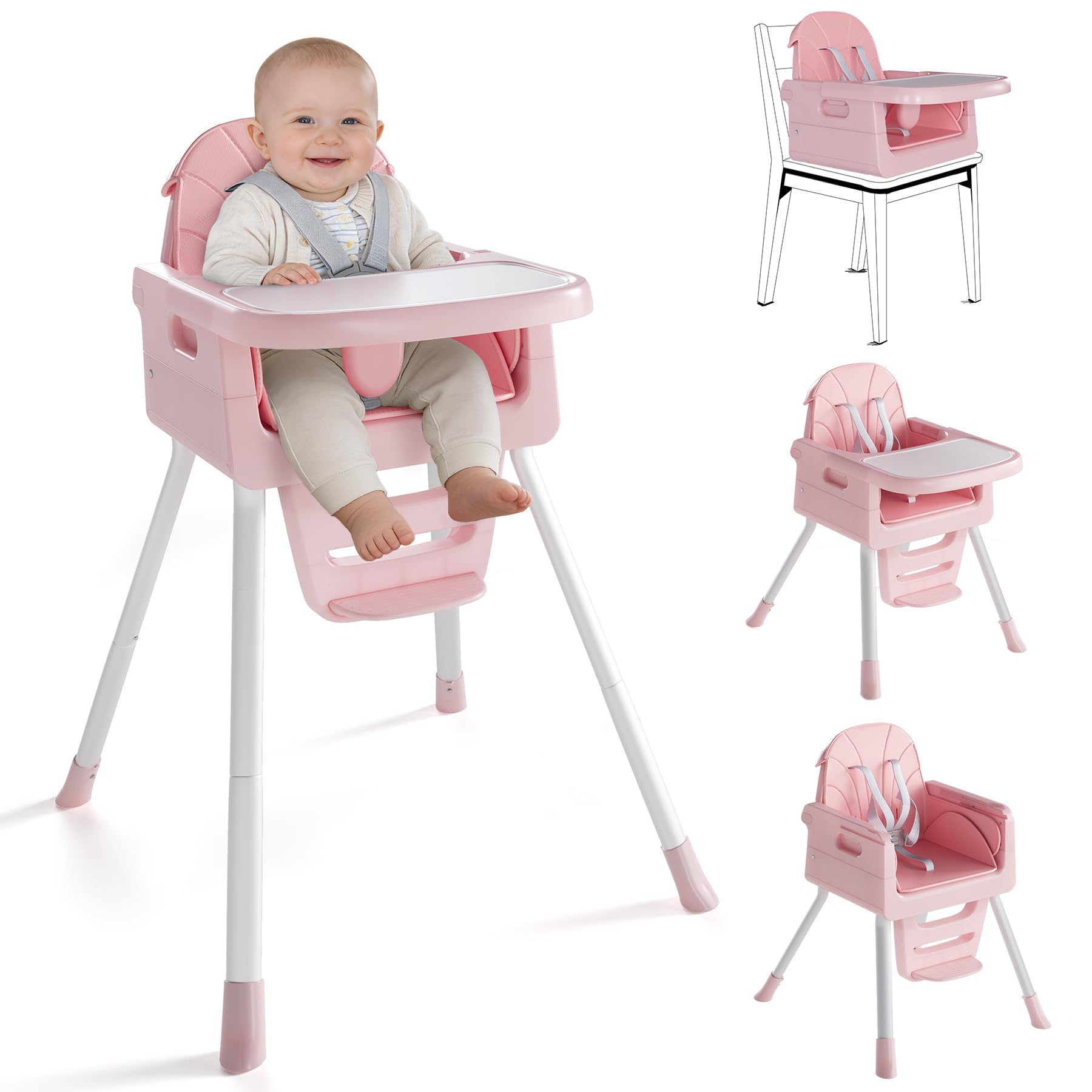 EverKiddo 4-in-1 high chair pink with white frame folded for easy storage