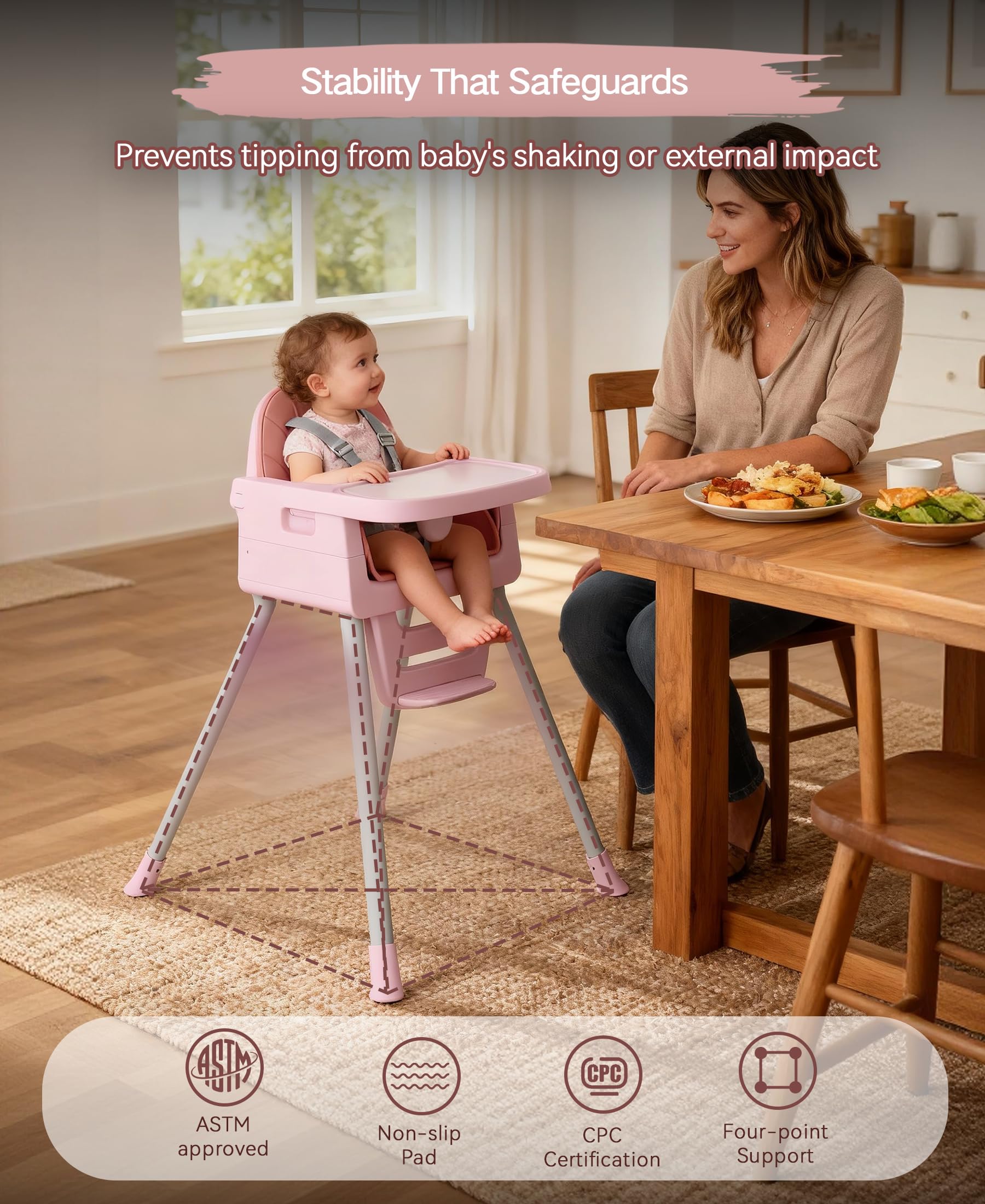EverKiddo high chair in pink ready as a toddler seat at mealtime