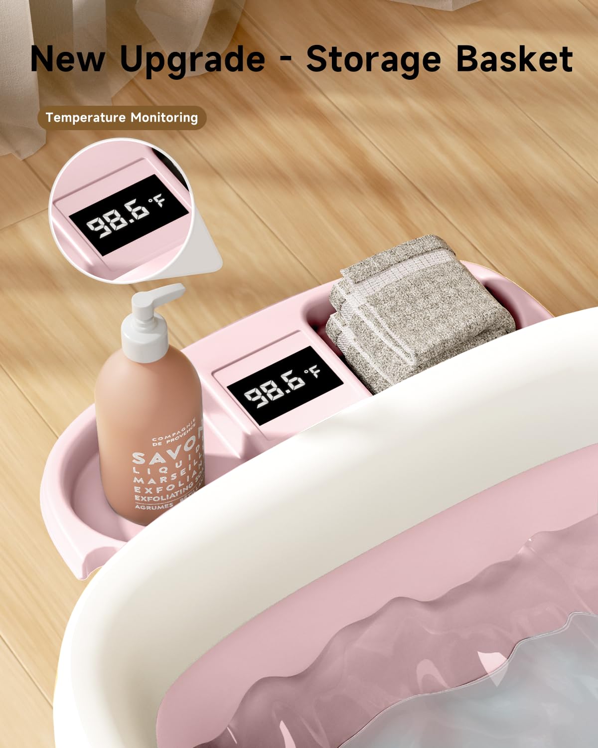 Detachable animal-pattern cushion supports baby's head and neck in EverKiddo tub.
