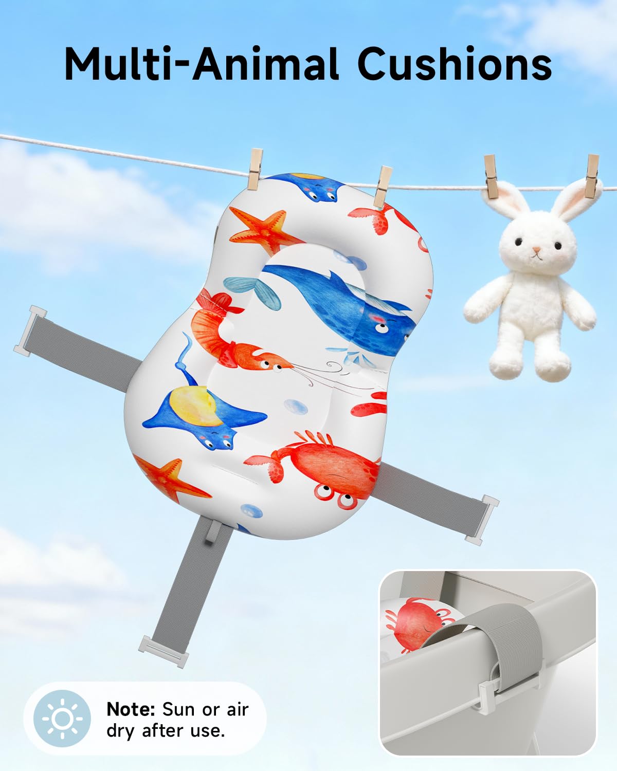 EverKiddo four-point stable base with non-slip feet helps prevent tipping during baths.