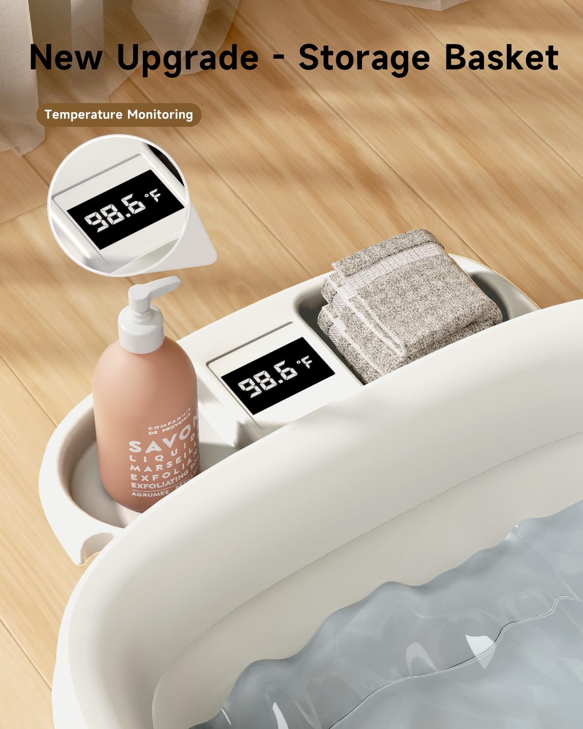 EverKiddo baby bathtub with integrated thermometer showing instant water temperature for safe bathing.