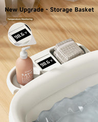 EverKiddo baby bathtub with integrated thermometer showing instant water temperature for safe bathing.