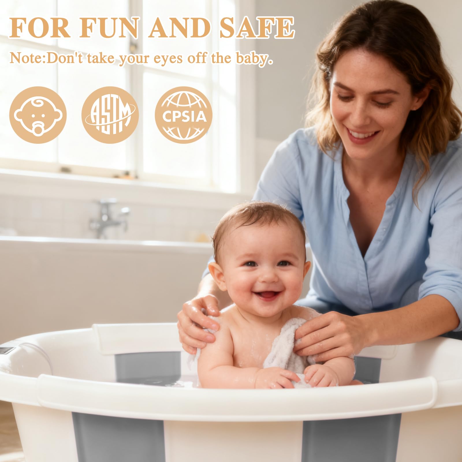 EverKiddo grey bathtub close-up highlights smooth, safe surface.
