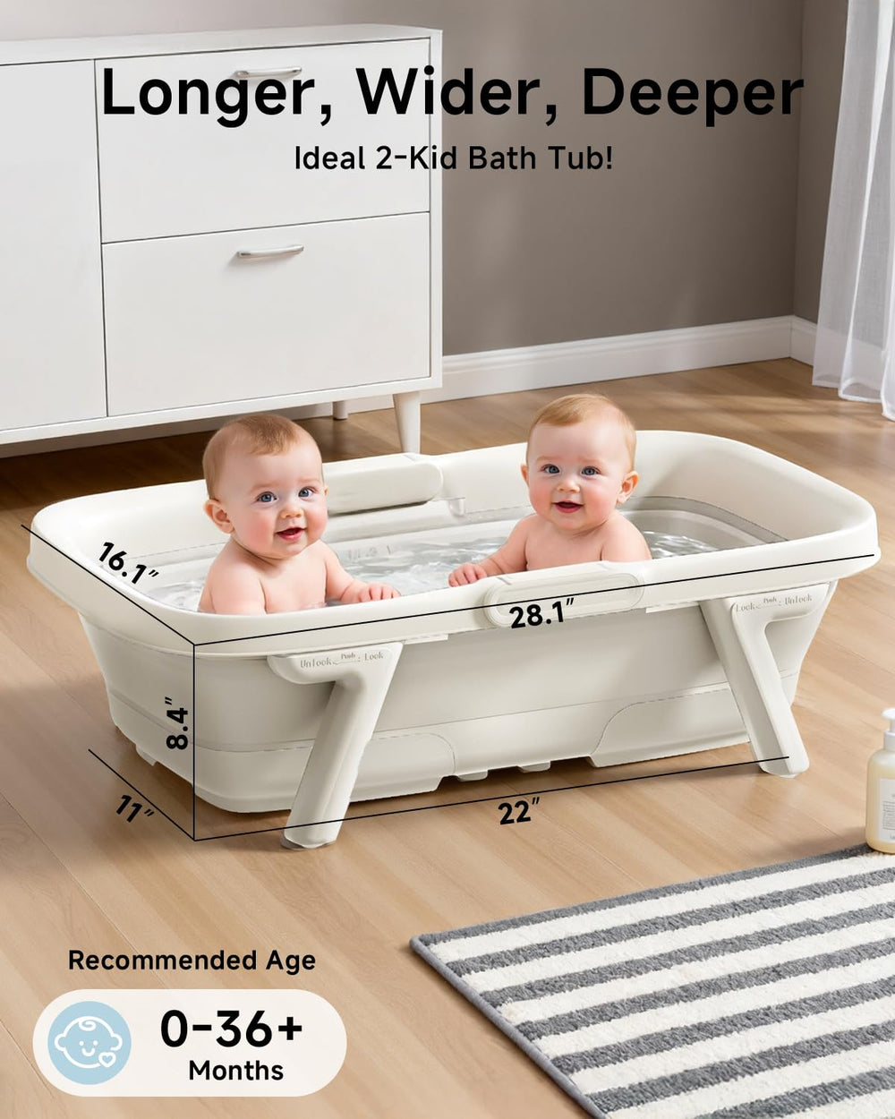 EverKiddo large capacity tub provides extra room for comfortable bath time.