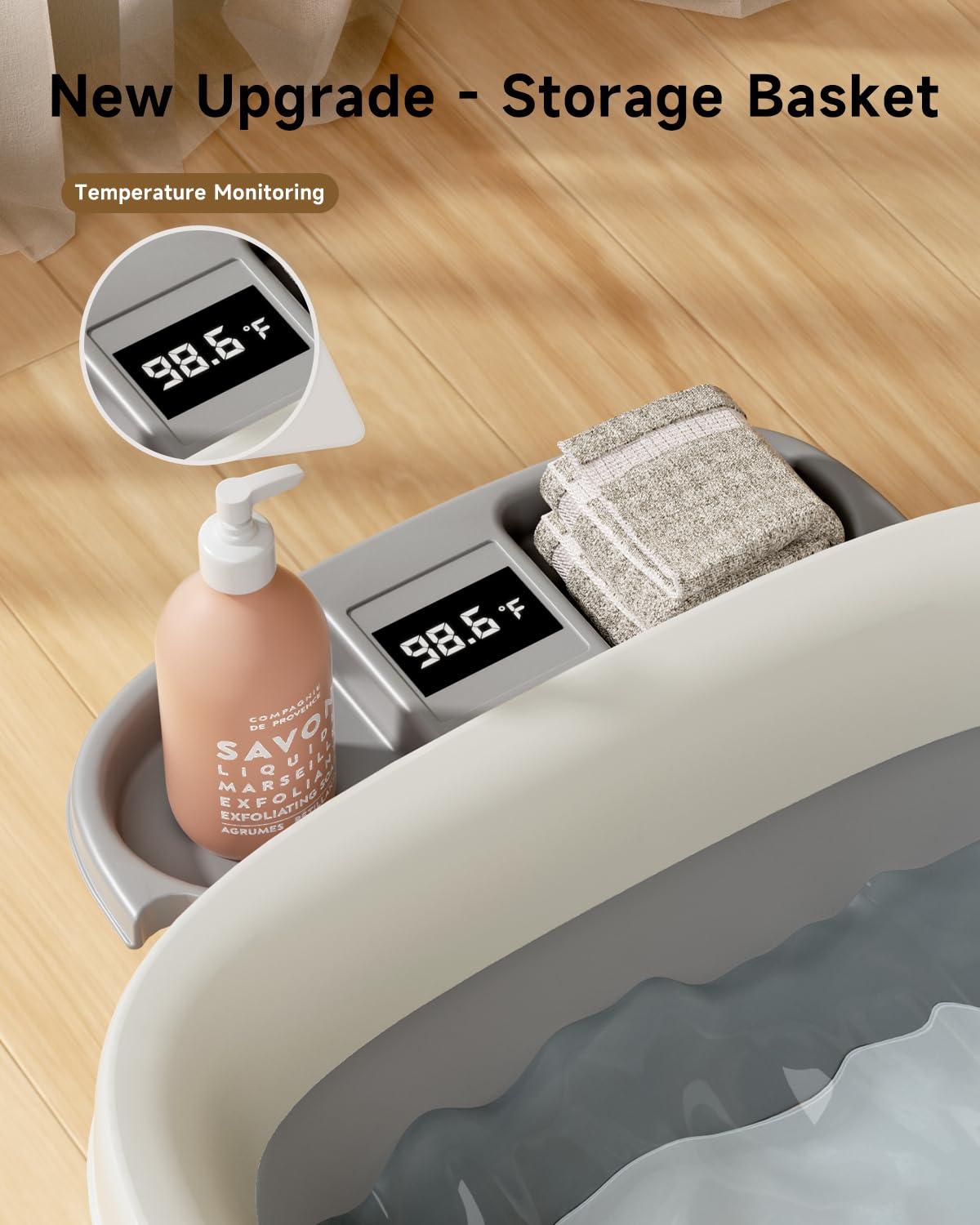 EverKiddo tub with detachable soft cushion supports head and neck.