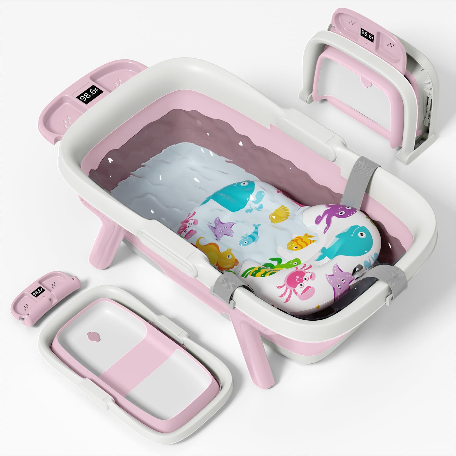 EverKiddo collapsible baby bathtub with thermometer display for safe bath temperature.