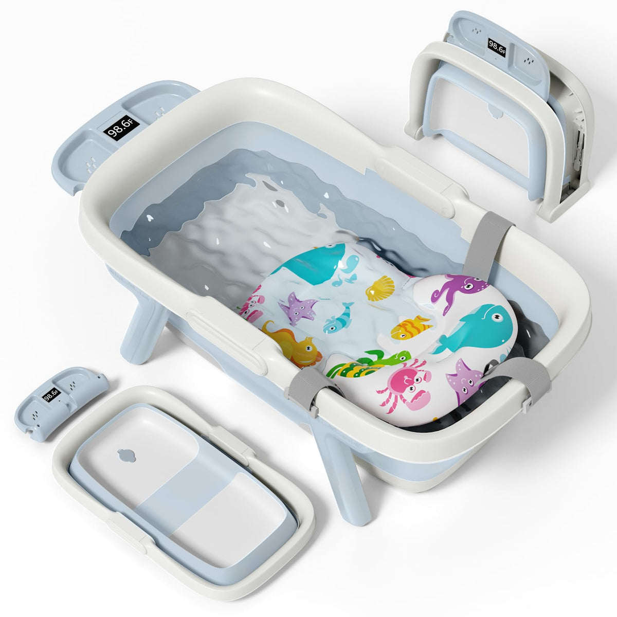 EverKiddo collapsible bathtub blue full view showing spacious interior for newborn baths