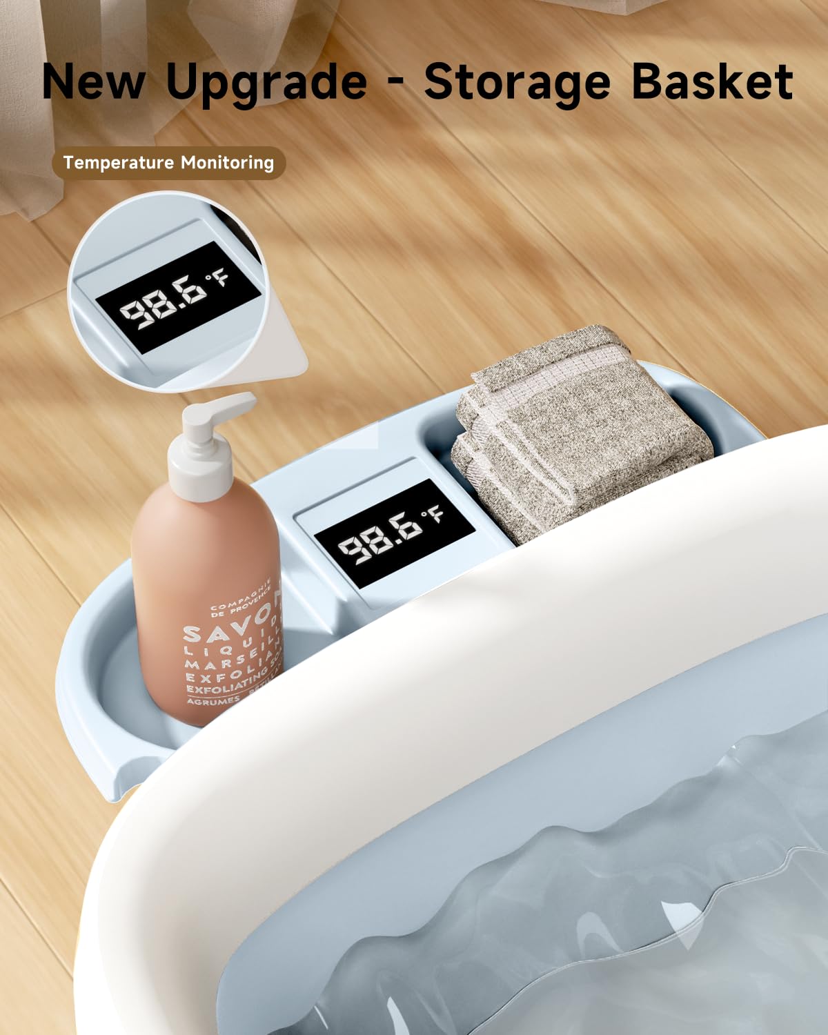 EverKiddo collapsible bathtub blue thermometer display for temperature monitoring