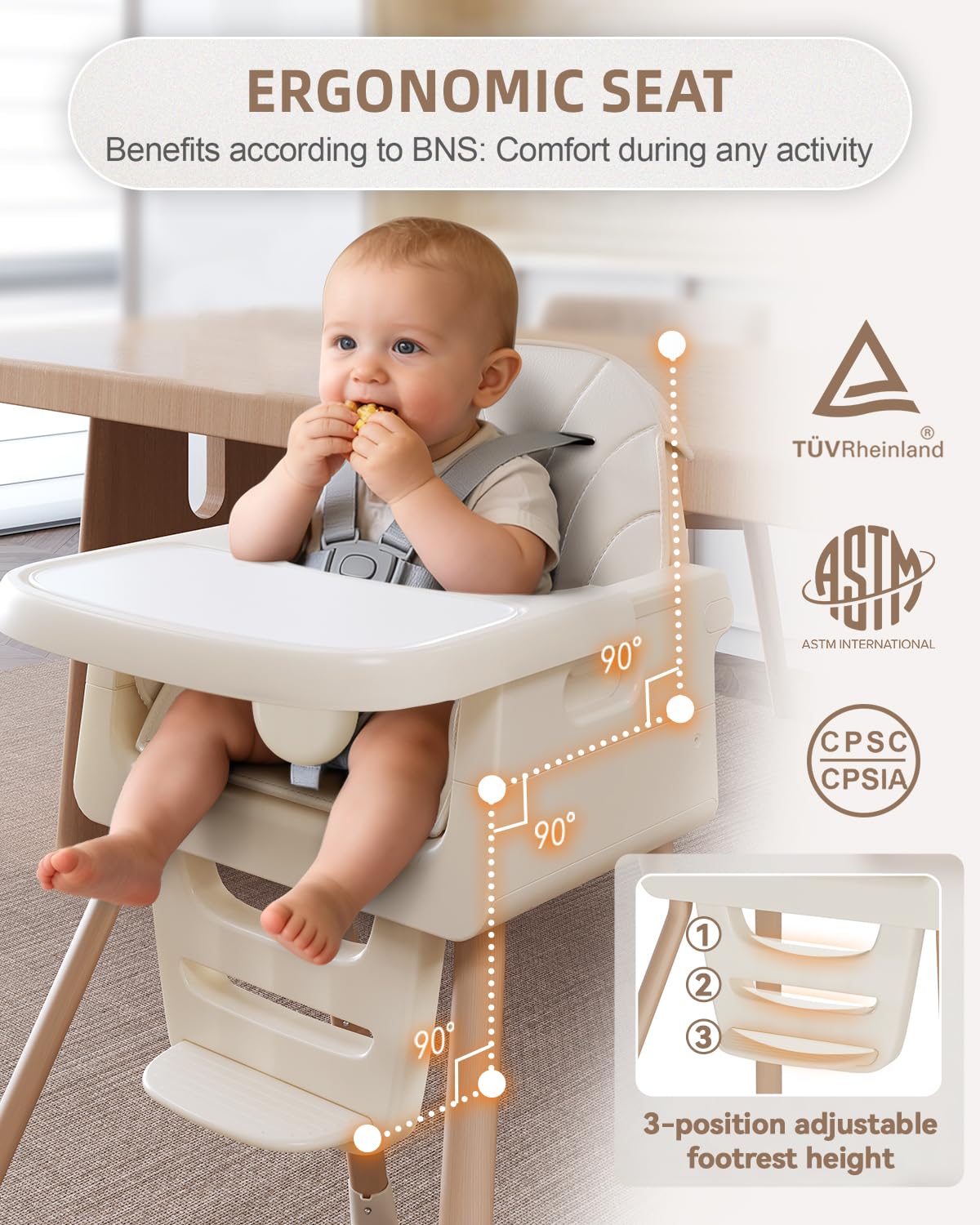 EverKiddo high chair showing adjustable 3-level footrest.