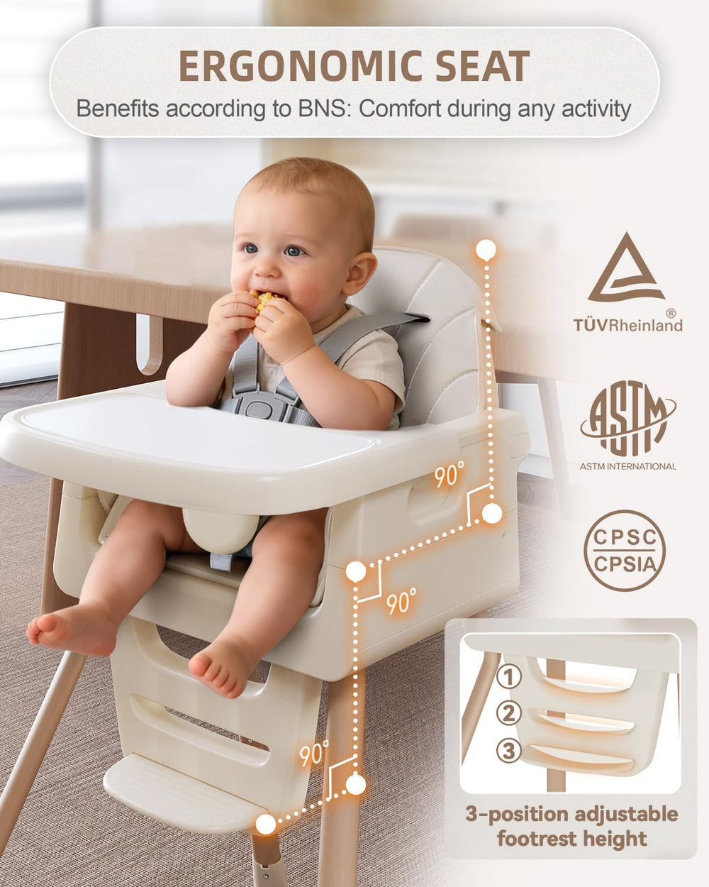 EverKiddo high chair showing adjustable 3-level footrest.
