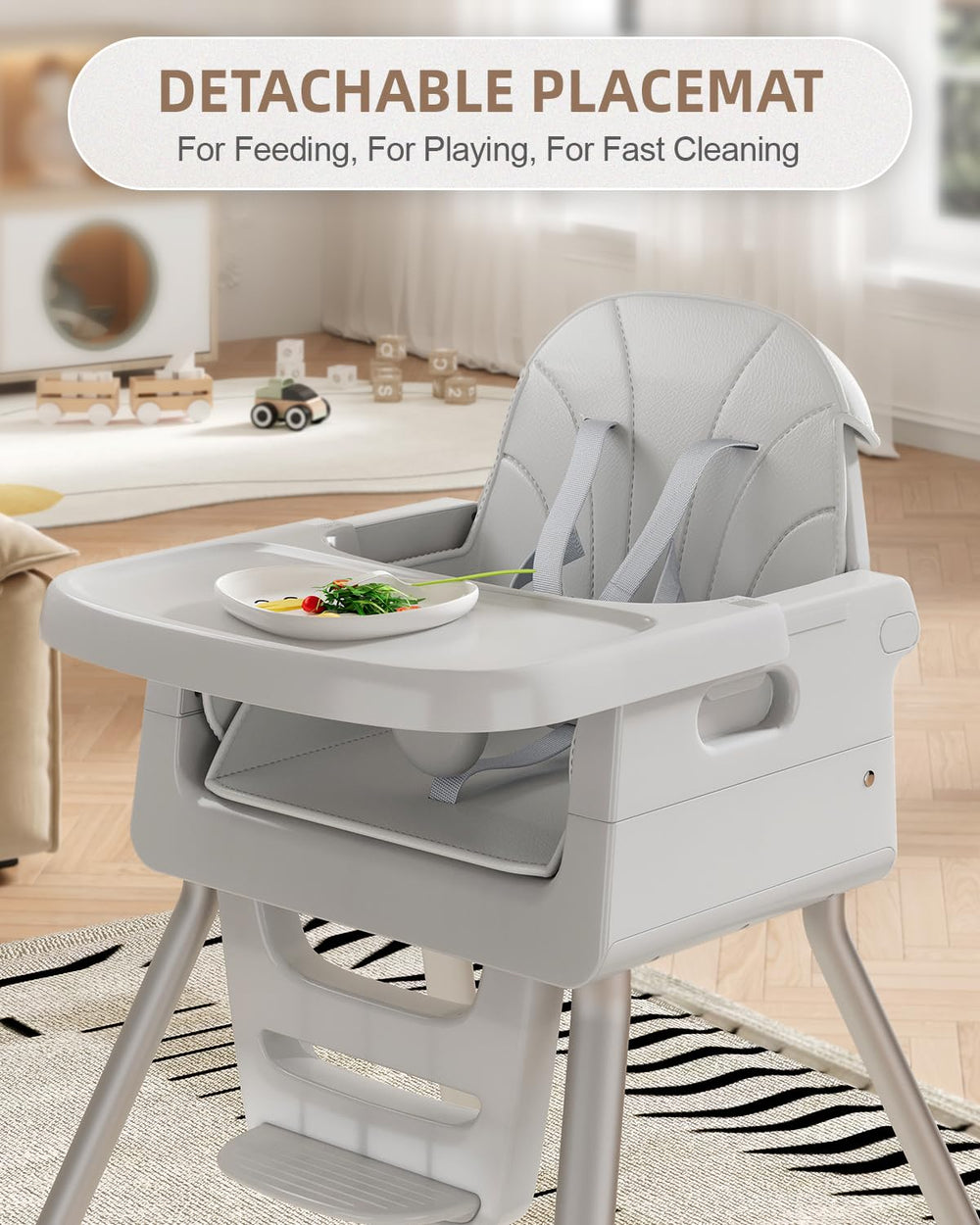 EverKiddo high chair with 5-point harness for secure seated meals.
