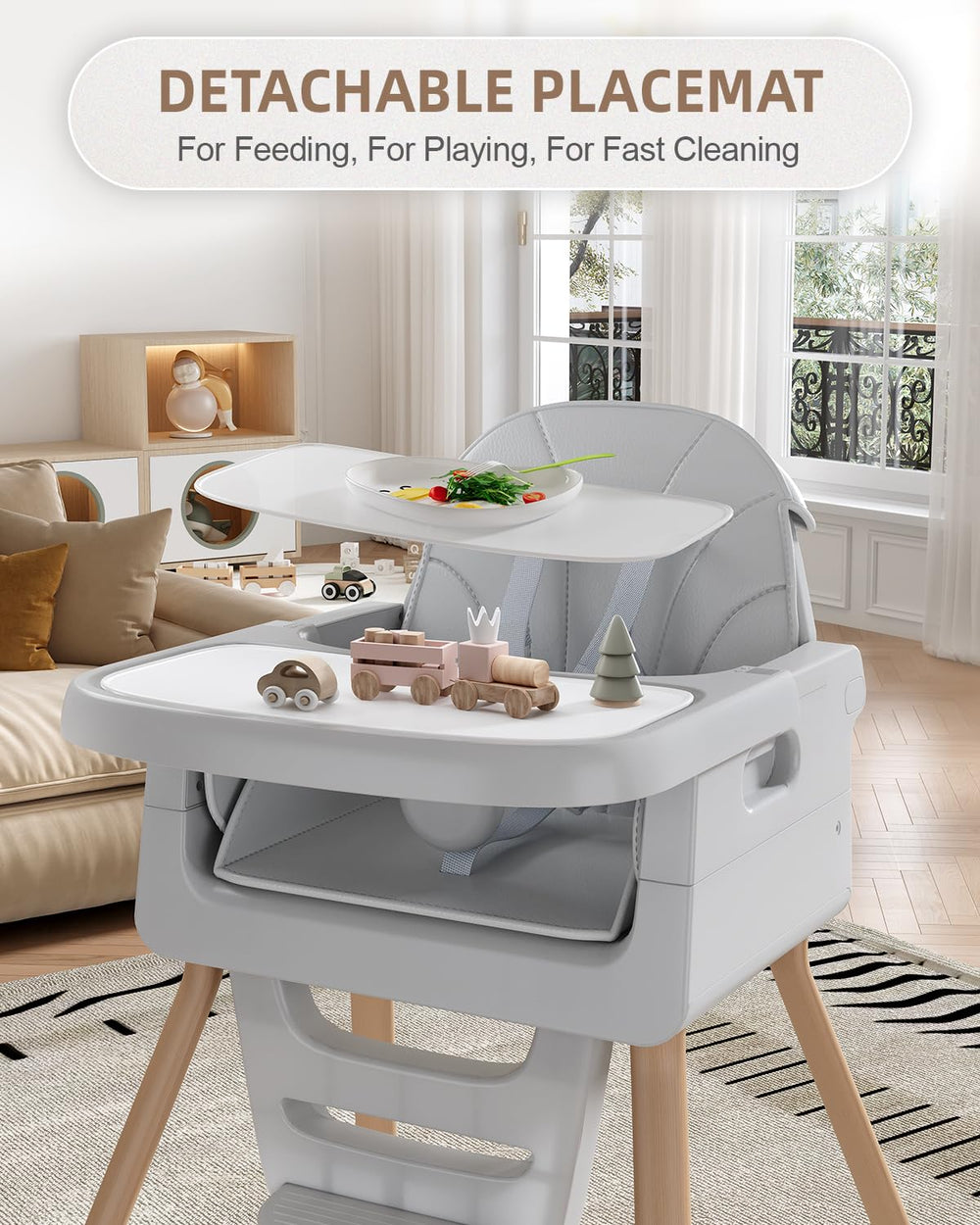 EverKiddo high chair with adjustable tray for customizable dining.