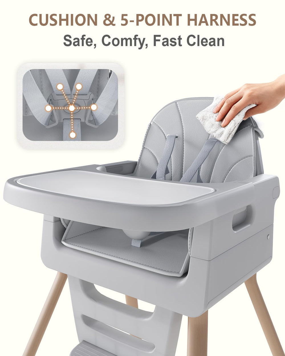 EverKiddo high chair removable seat pad ready for machine washing.