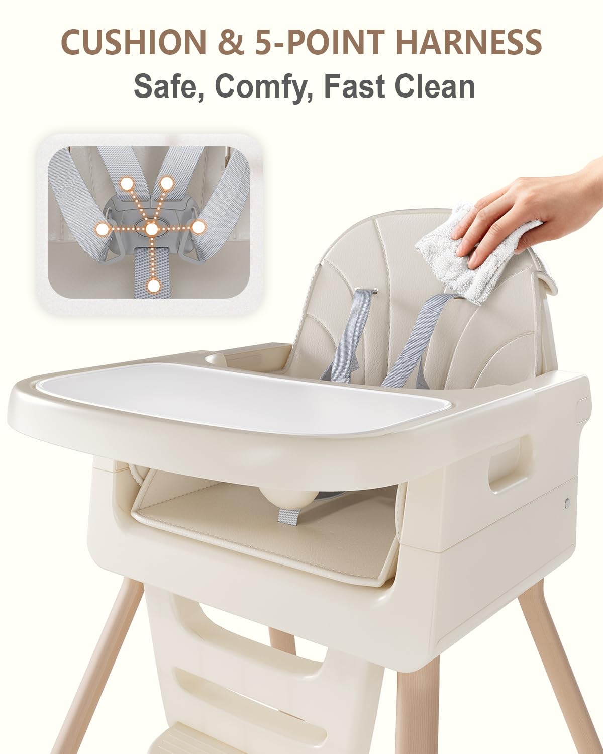 EverKiddo high chair with smooth, stain-resistant surface for simple cleanup.