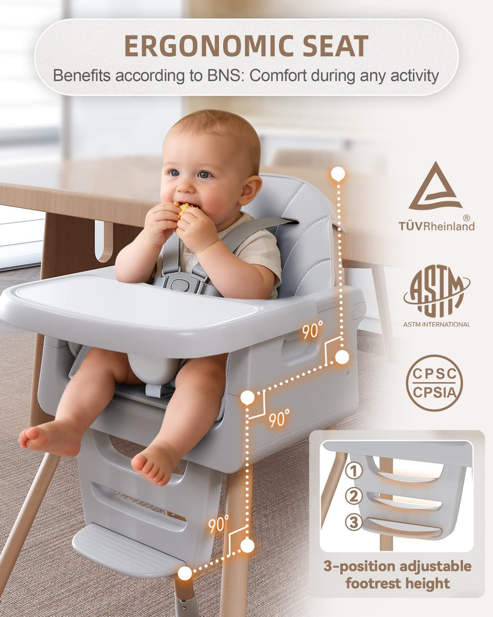 EverKiddo high chair in toddler chair mode for growing kids.