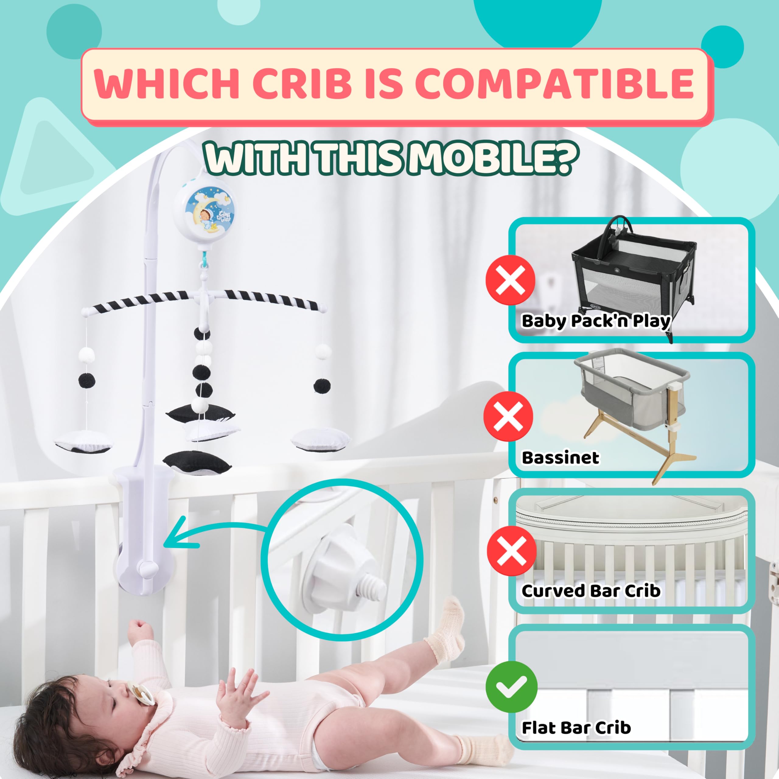 EverLove crib mobile compatible with rails up to 1.54 inches.