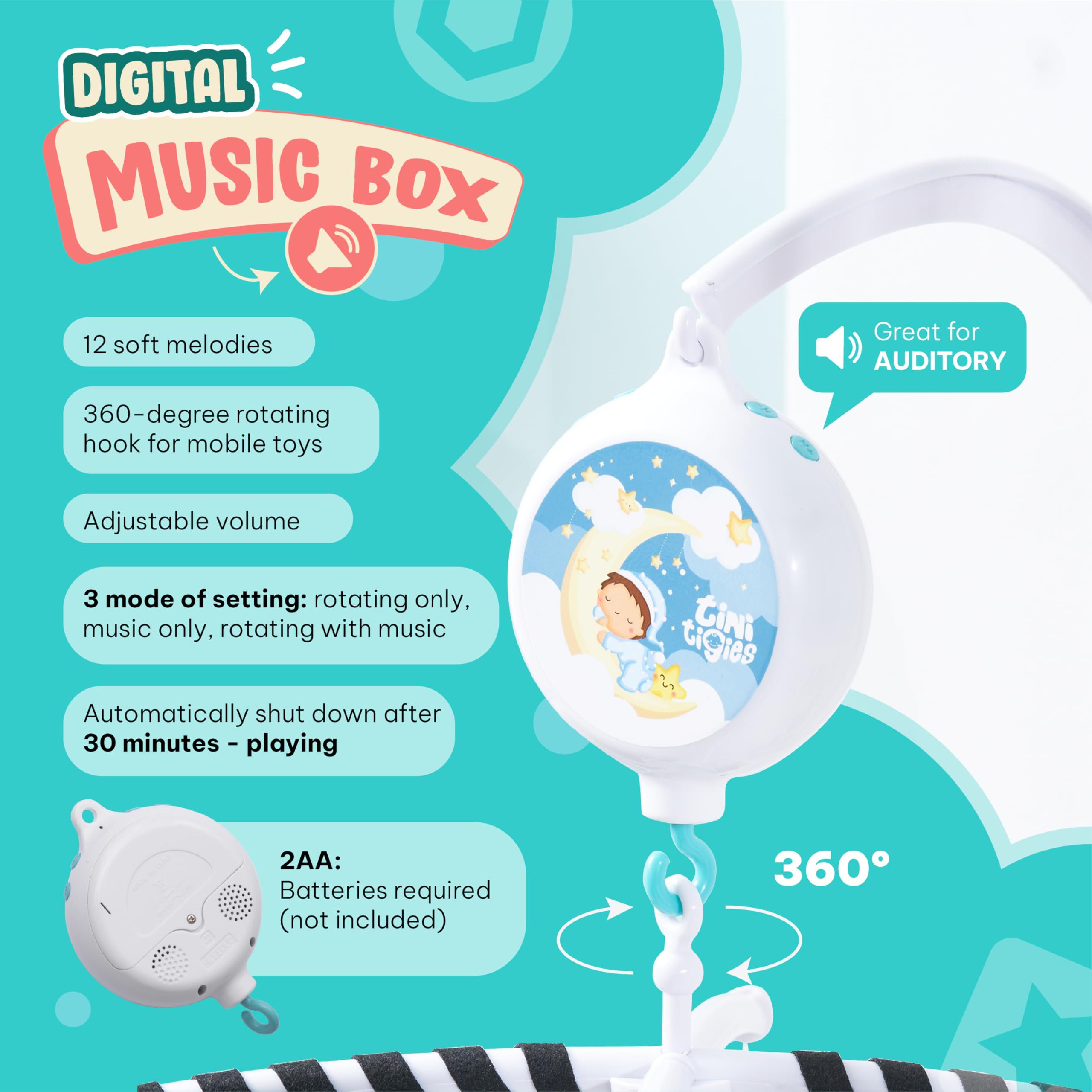 EverLove crib mobile clip-on arm enables easy, tool-free setup.