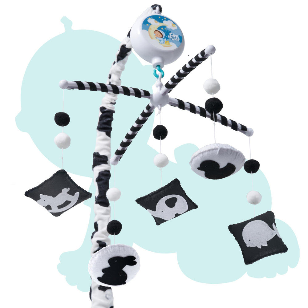 EverLove Montessori crib mobile in black and white view to engage newborn vision