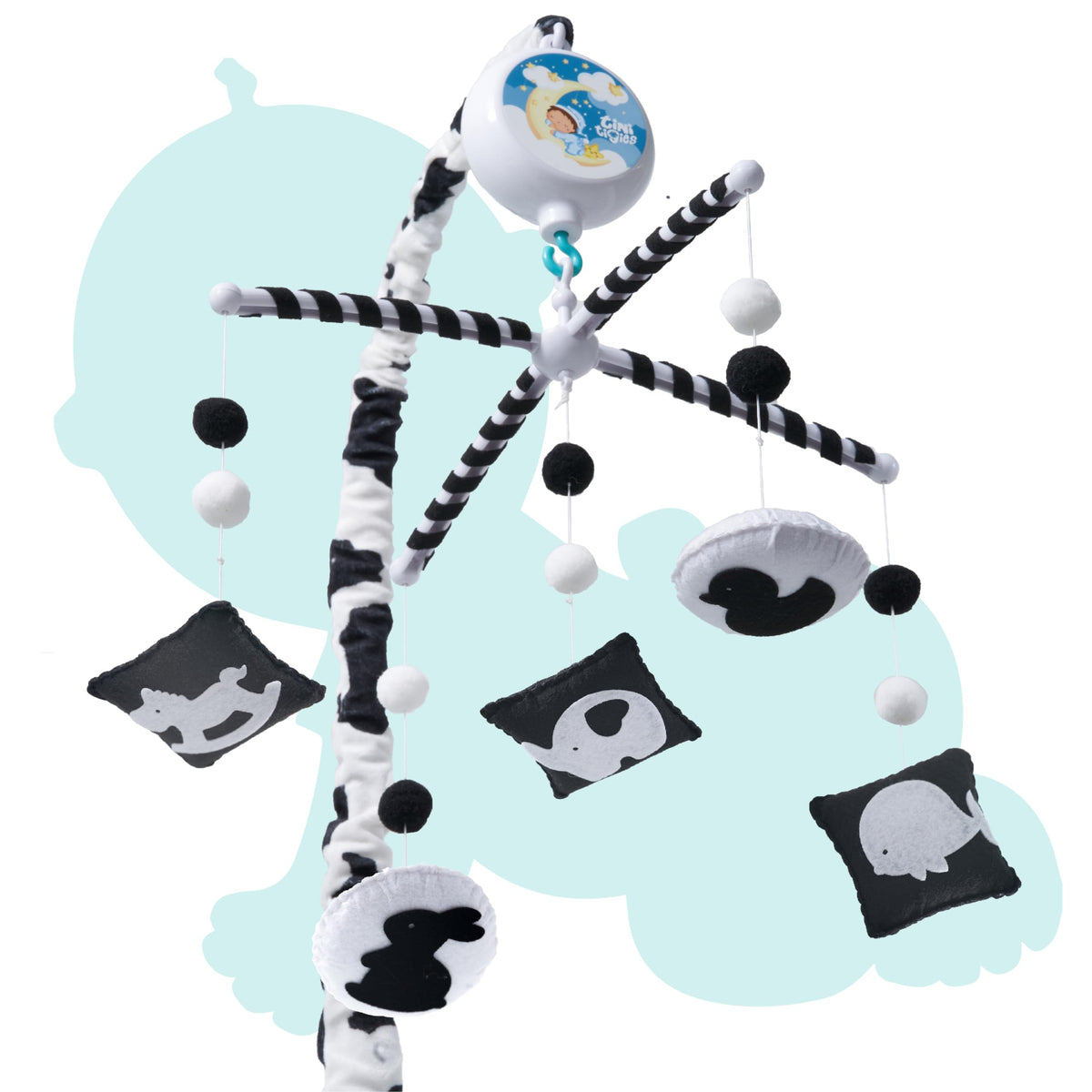 EverLove Montessori crib mobile in black and white view to engage newborn vision