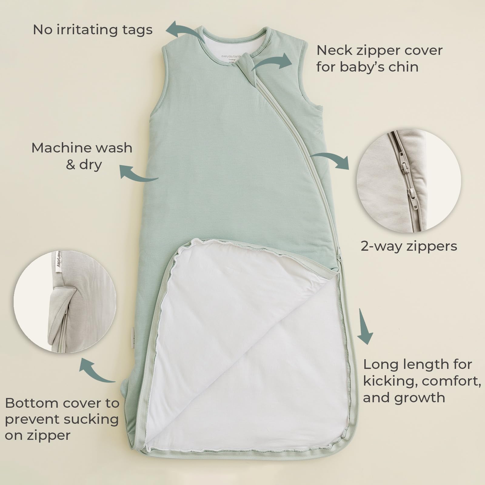 Zipper garages on Everyday Bambu Sleep Sack protect delicate skin and prevent snags.