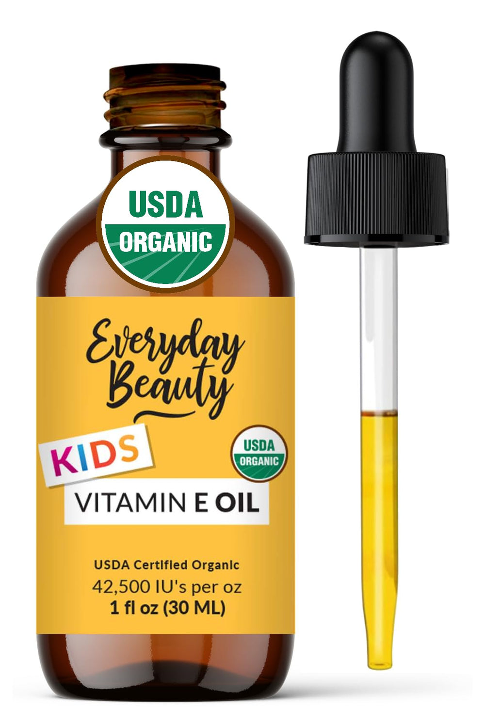 Everyday Beauty Organic Vitamin E Oil bottle with dropper for precise application.