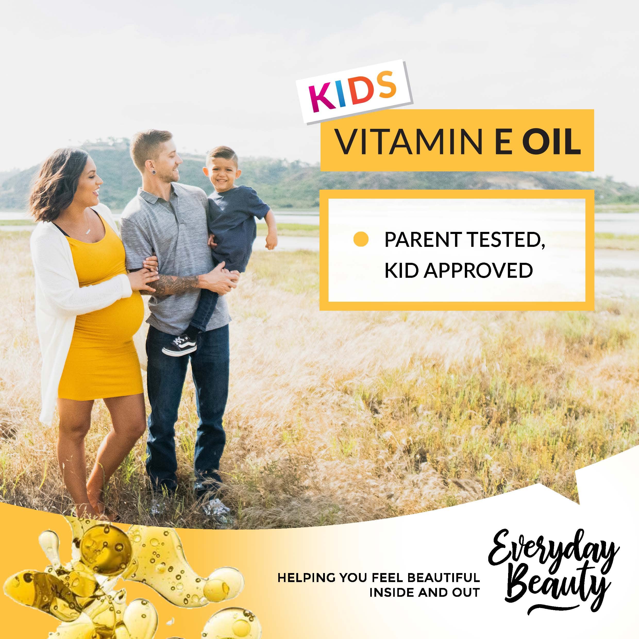 1 oz glass bottle packaging of Everyday Beauty Vitamin E Oil.