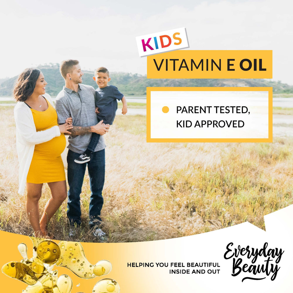 1 oz glass bottle packaging of Everyday Beauty Vitamin E Oil.