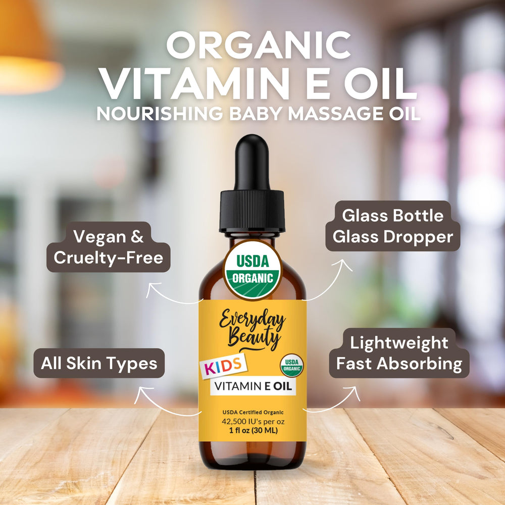 Close-up of organic oil blend ingredients used in Everyday Beauty Vitamin E Oil.