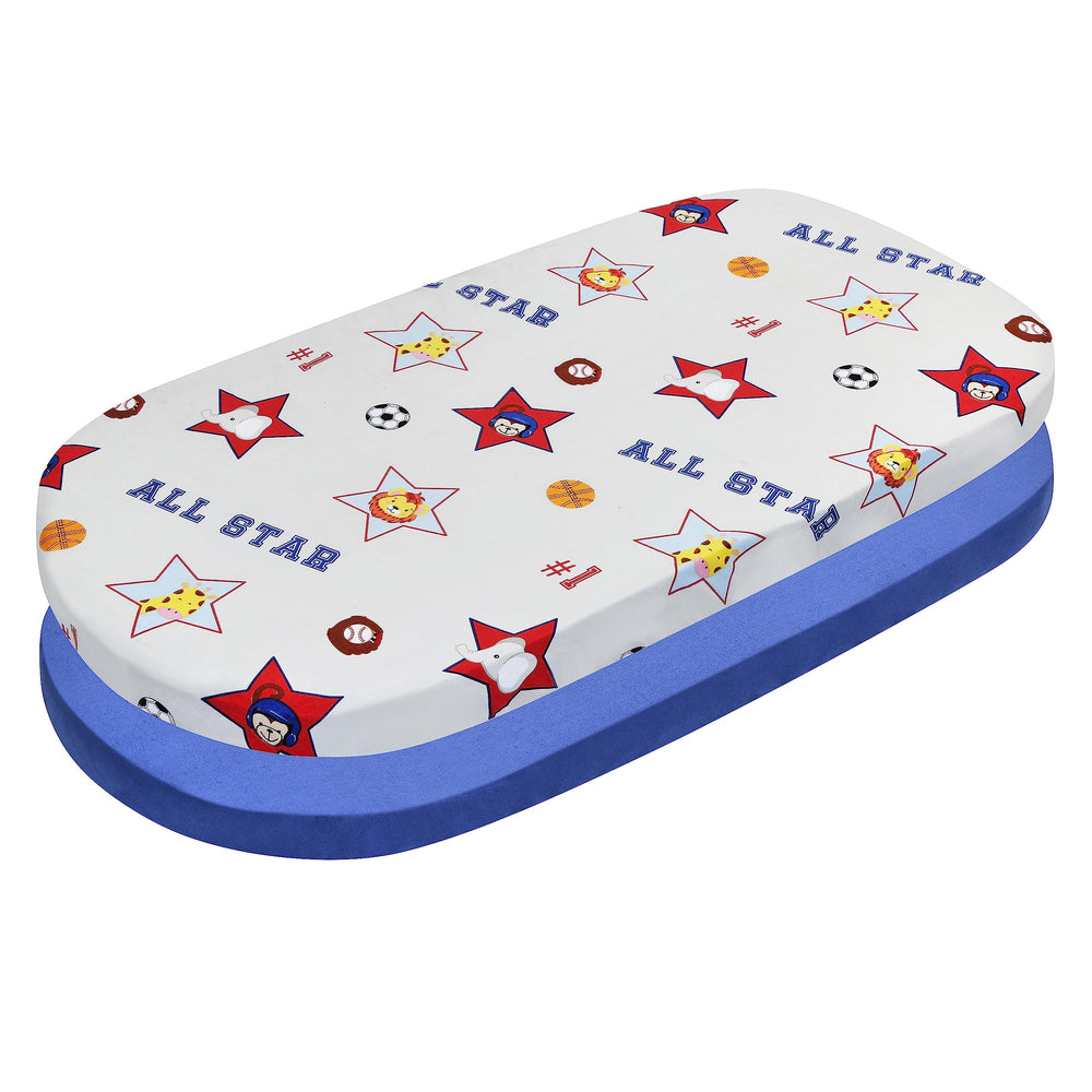Everyday Kids bassinet sheets blue jungle design for breathable night-time comfort.