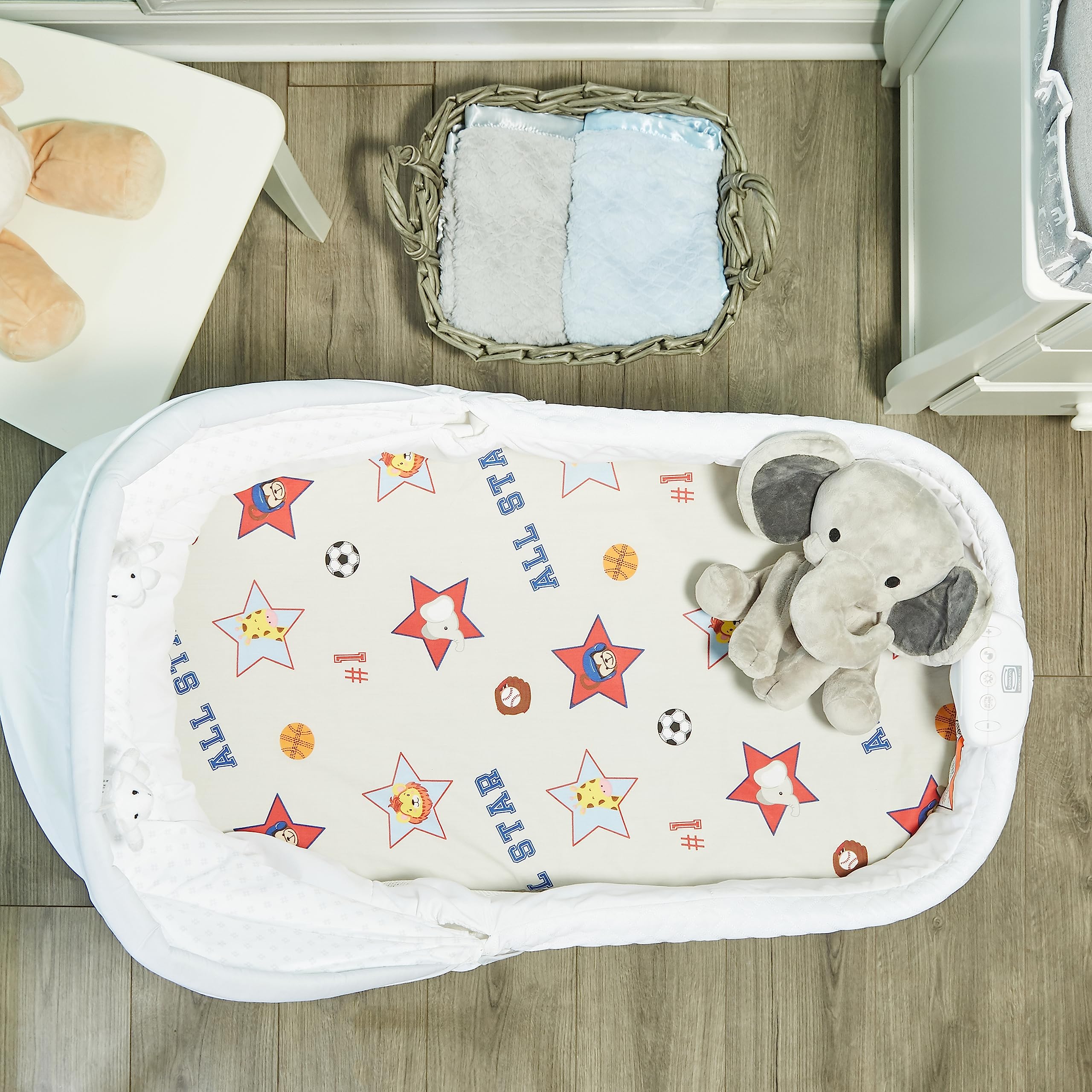 Everyday Kids percale-soft sheets provide breathable comfort for oval bassinet beds.