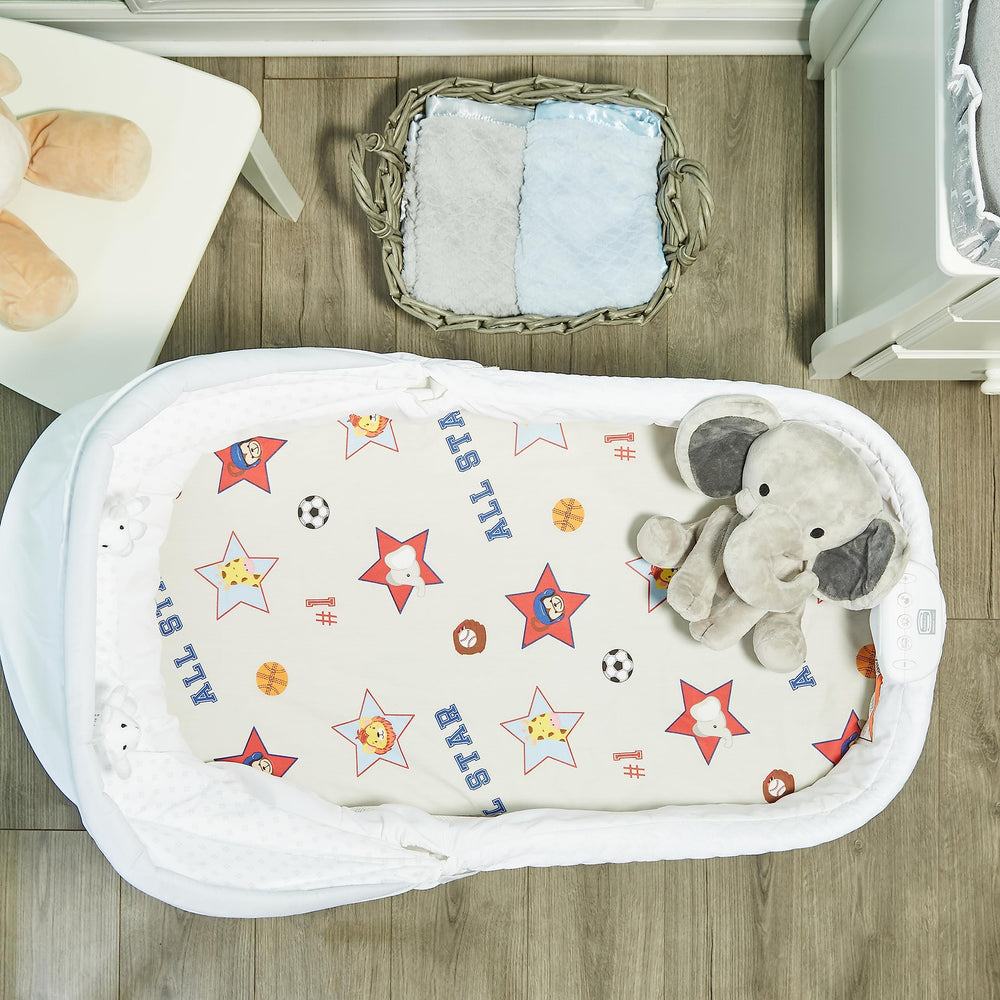 Everyday Kids percale-soft sheets provide breathable comfort for oval bassinet beds.