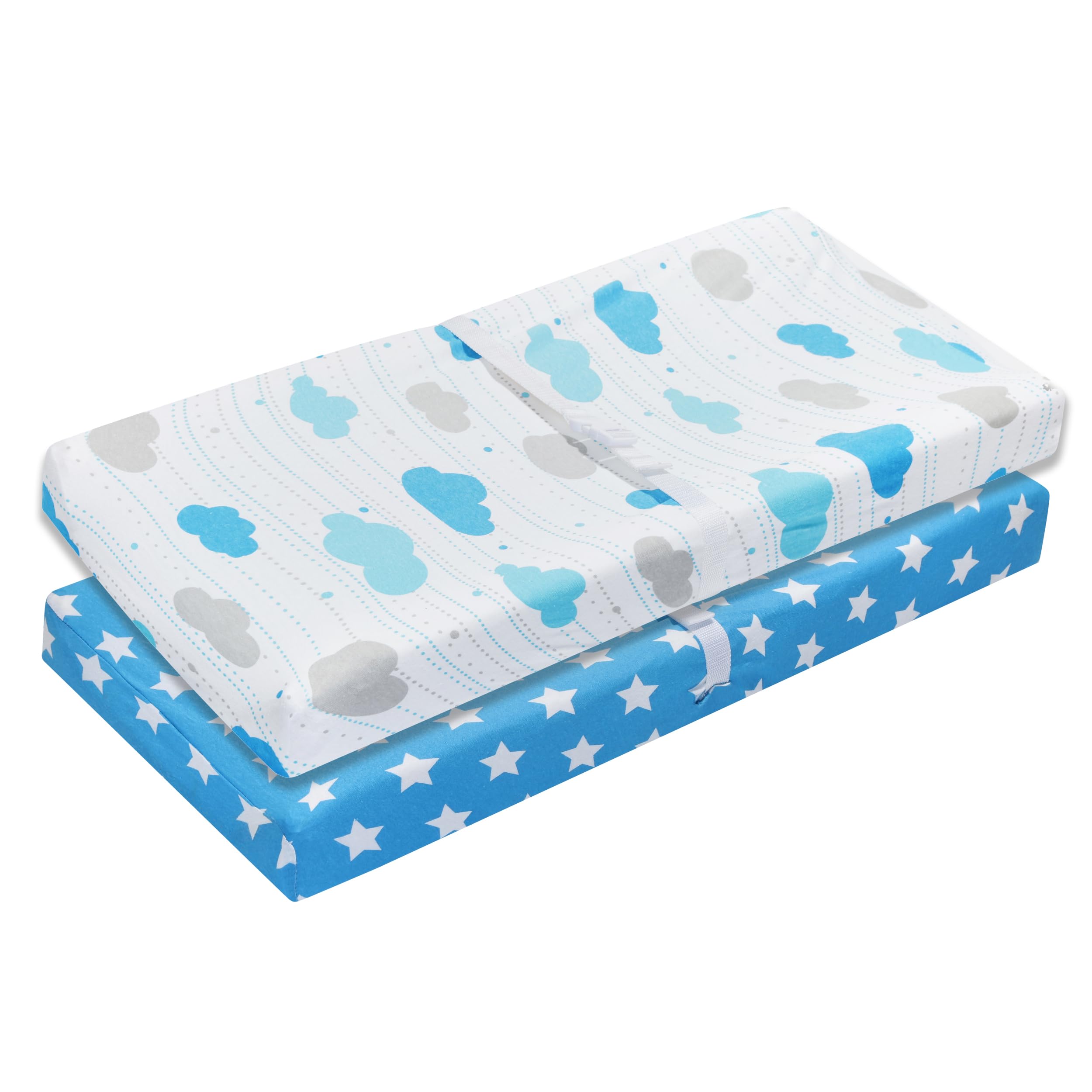 EVERYDAY KIDS changing pad cover blue stars offers cozy, breathable comfort.
