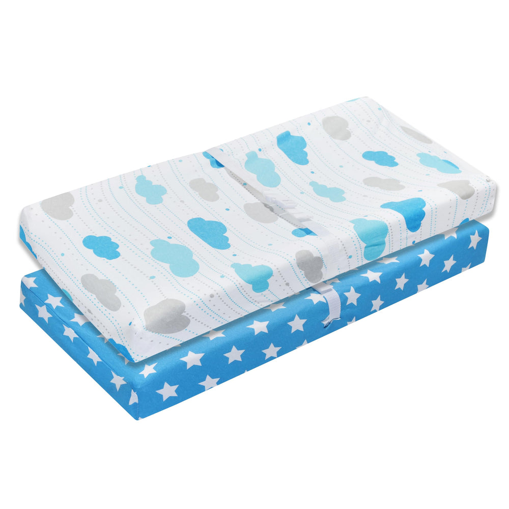 EVERYDAY KIDS changing pad cover blue stars offers cozy, breathable comfort.