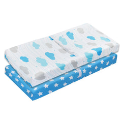 EVERYDAY KIDS changing pad cover blue stars offers cozy, breathable comfort.