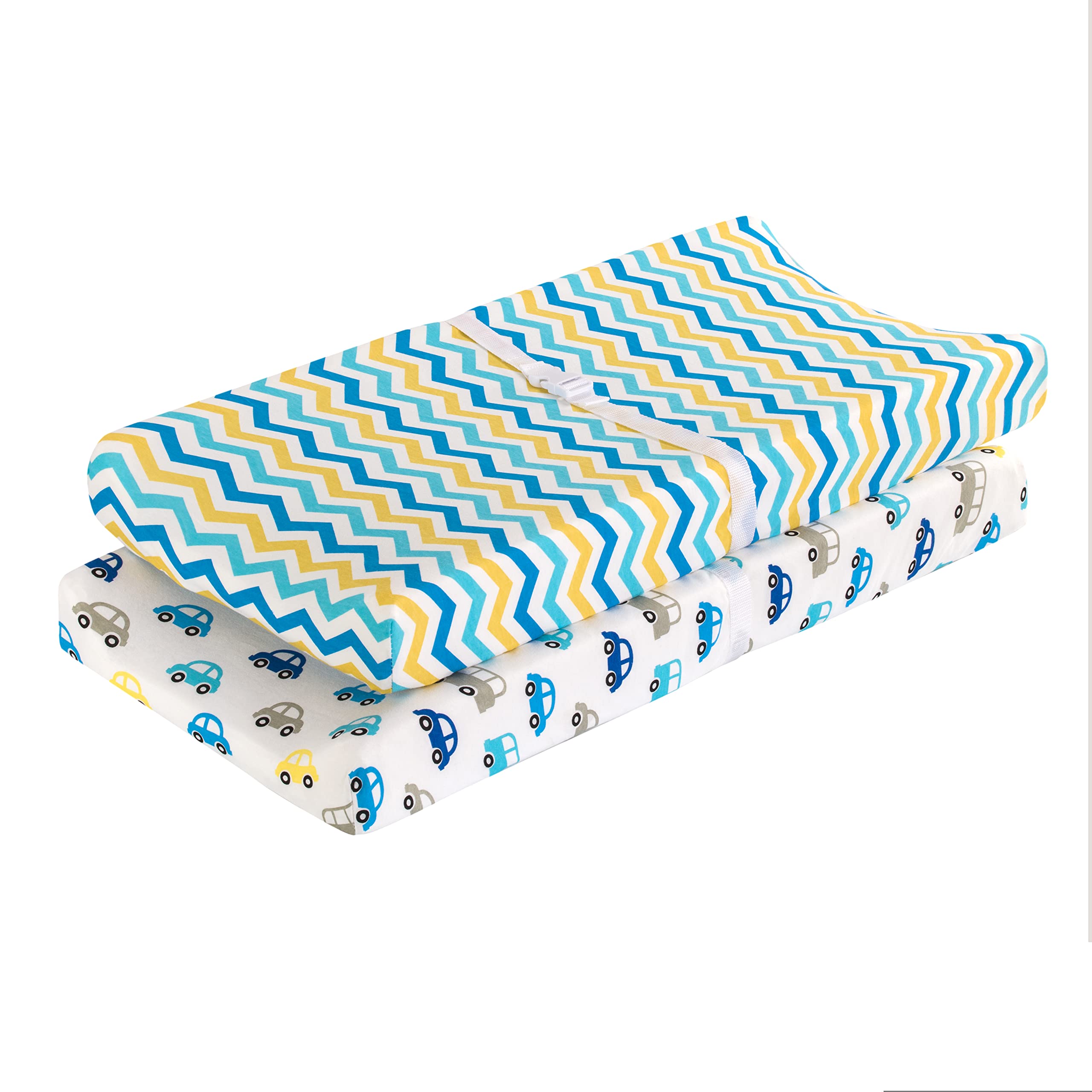 EVERYDAY KIDS changing pad cover with blue car pattern adds soft comfort during diaper changes.