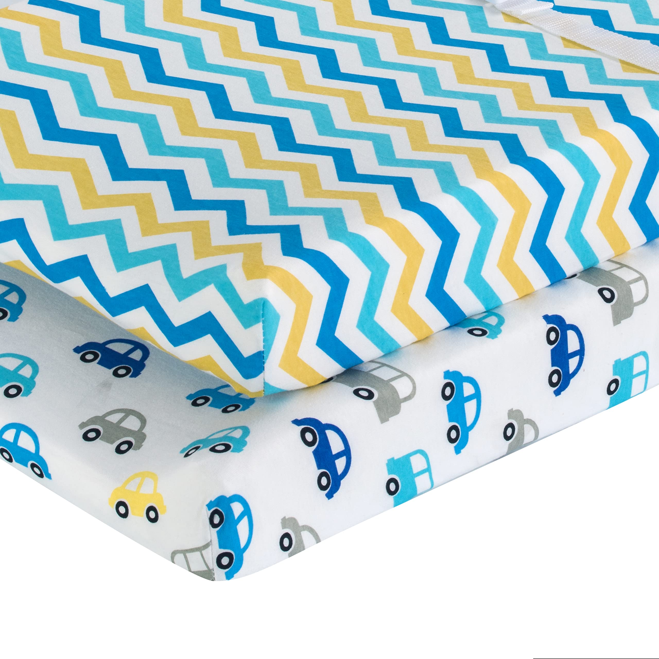 EVERYDAY KIDS changing pad cover in light blue cars keeps baby cozy and protected.