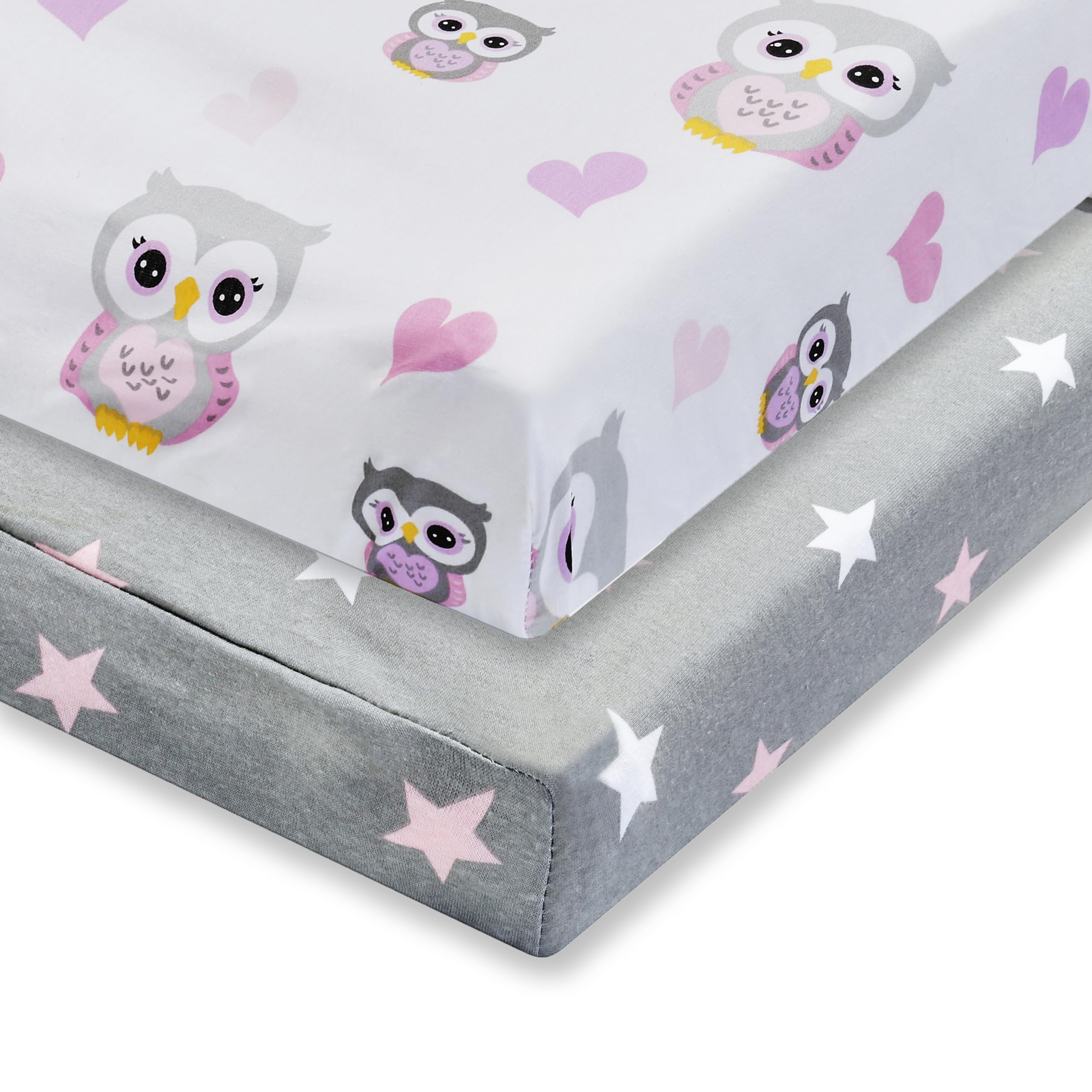EVERYDAY KIDS changing pad cover with pink hearts and owls on white, cozy and breathable.