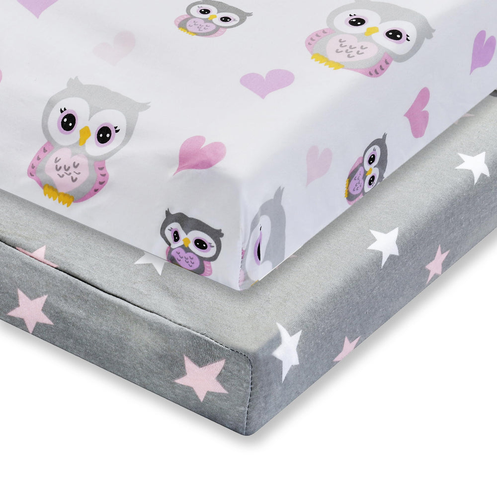 EVERYDAY KIDS changing pad cover with pink hearts and owls on white, cozy and breathable.