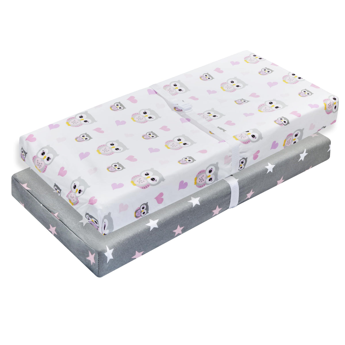 EVERYDAY KIDS changing pad cover in pink owls design, soft jersey knit for gentle diaper changes.